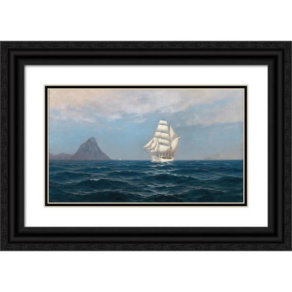 Max Jensen 24x16 Black Ornate Framed Double Matted Museum Art Print Titled: A Sailing Ship and a Steamboat by the Coast
