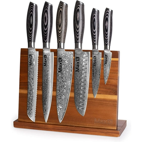 Max K 6 Pcs Knife Set with Pakka Handle & Bonus Knife Stand - Cutting Kitchen Utensil with Razor Sharp Blade and 67 Layers of Forged Steel - Slicing, Dicing, Chopping Meat, Vegetables, Fruit