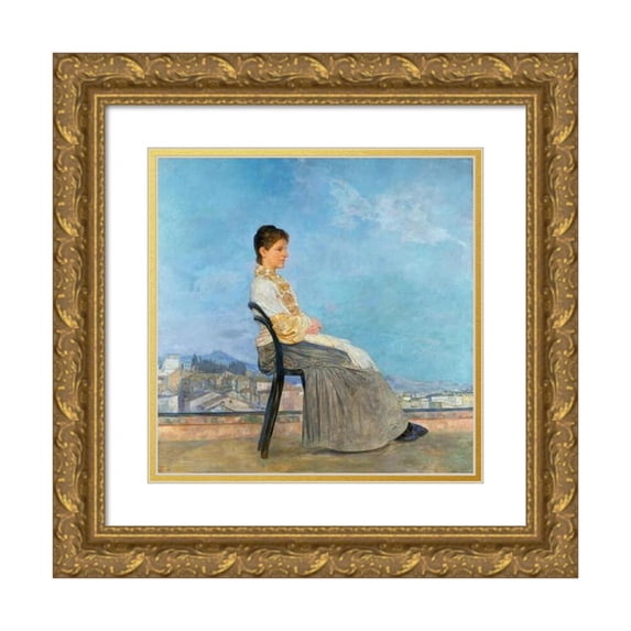 Max Klinger 15x15 Gold Ornate Wood Frame and Double Matted Museum Art Print Titled - Portrait of a Roman Woman on a Flat Roof in Rome (1891)