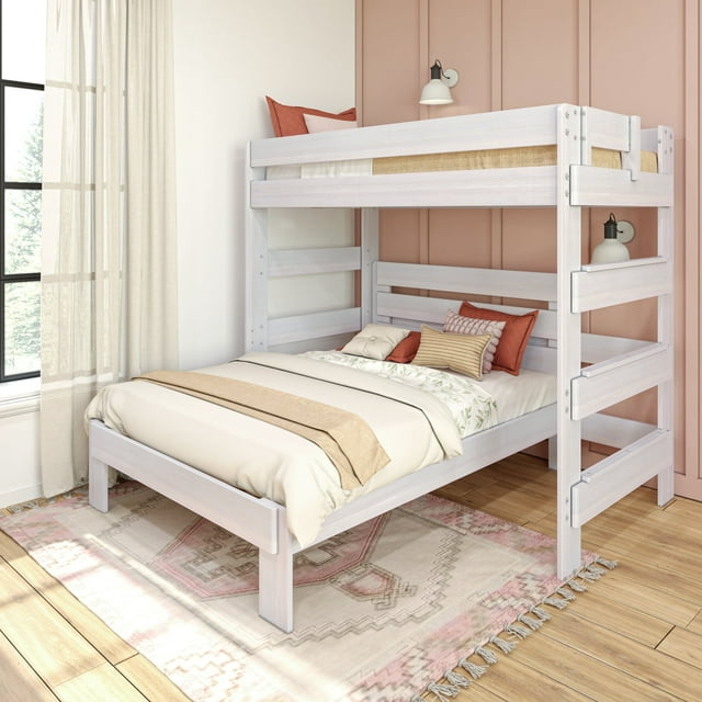 Max & Lily Bunk Bed, LShaped Twin Over Full Bed Frame For Kids Modern Farmhouse, White Wash