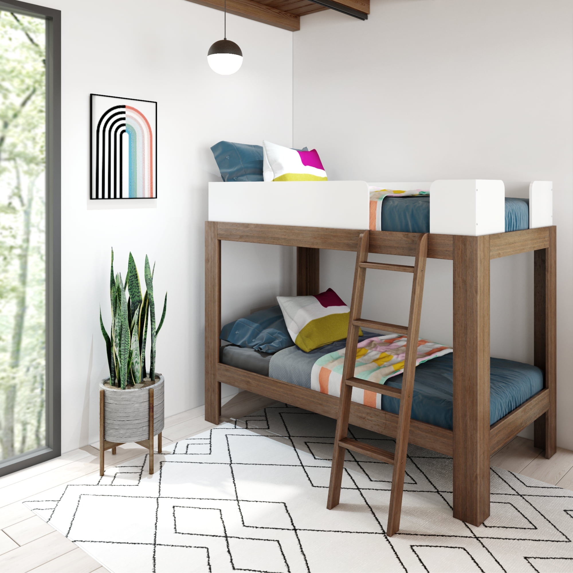Walnut and White Twin Over Twin Wood Bunk Bed with Ladder