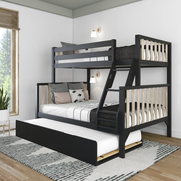 Max & Lily Bunk Bed Twin over Full with Trundle, Solid Wood Scandinavian Style Bunk Beds for Kids