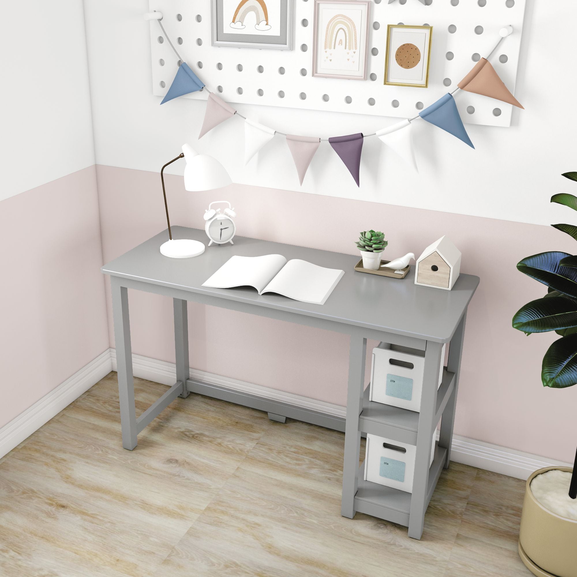 Max & Lily Solid Wood Desk with Shelves, 47", Grey