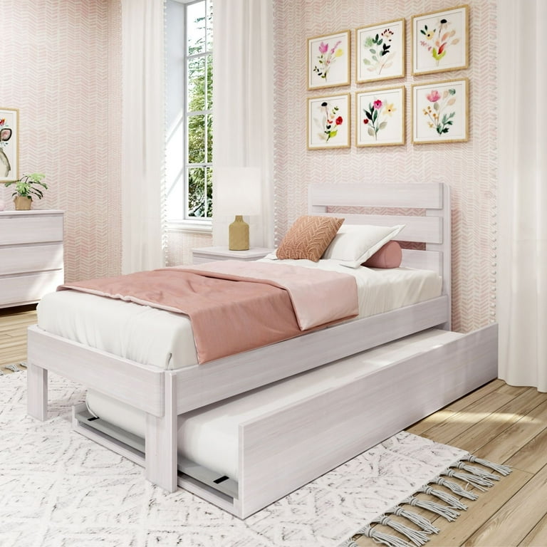 Max Lily Farmhouse Twin Bed with Plank Headboard and Trundle White Wash Walmart