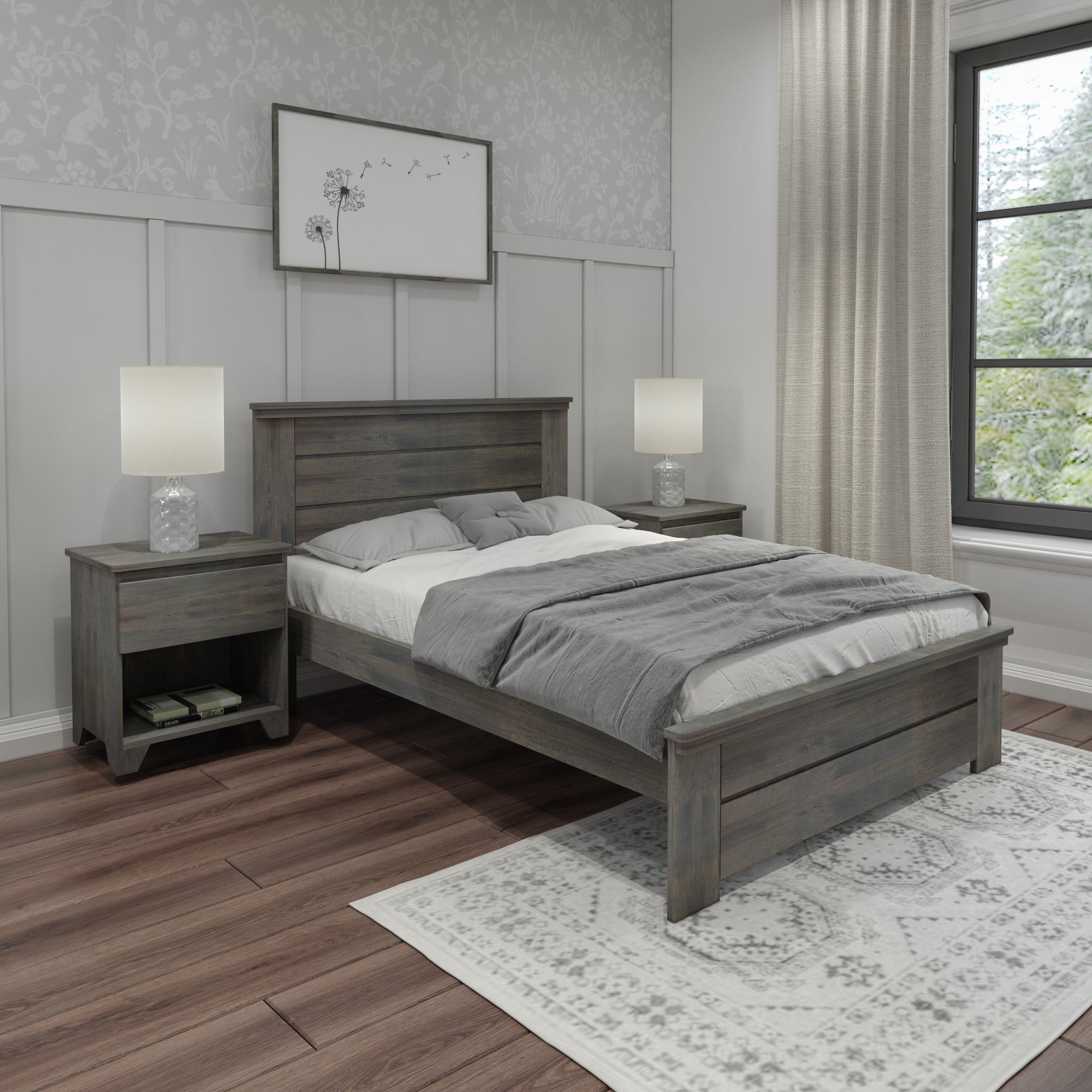 Driftwood Gray Pine Full Platform Bed with Panel Headboard