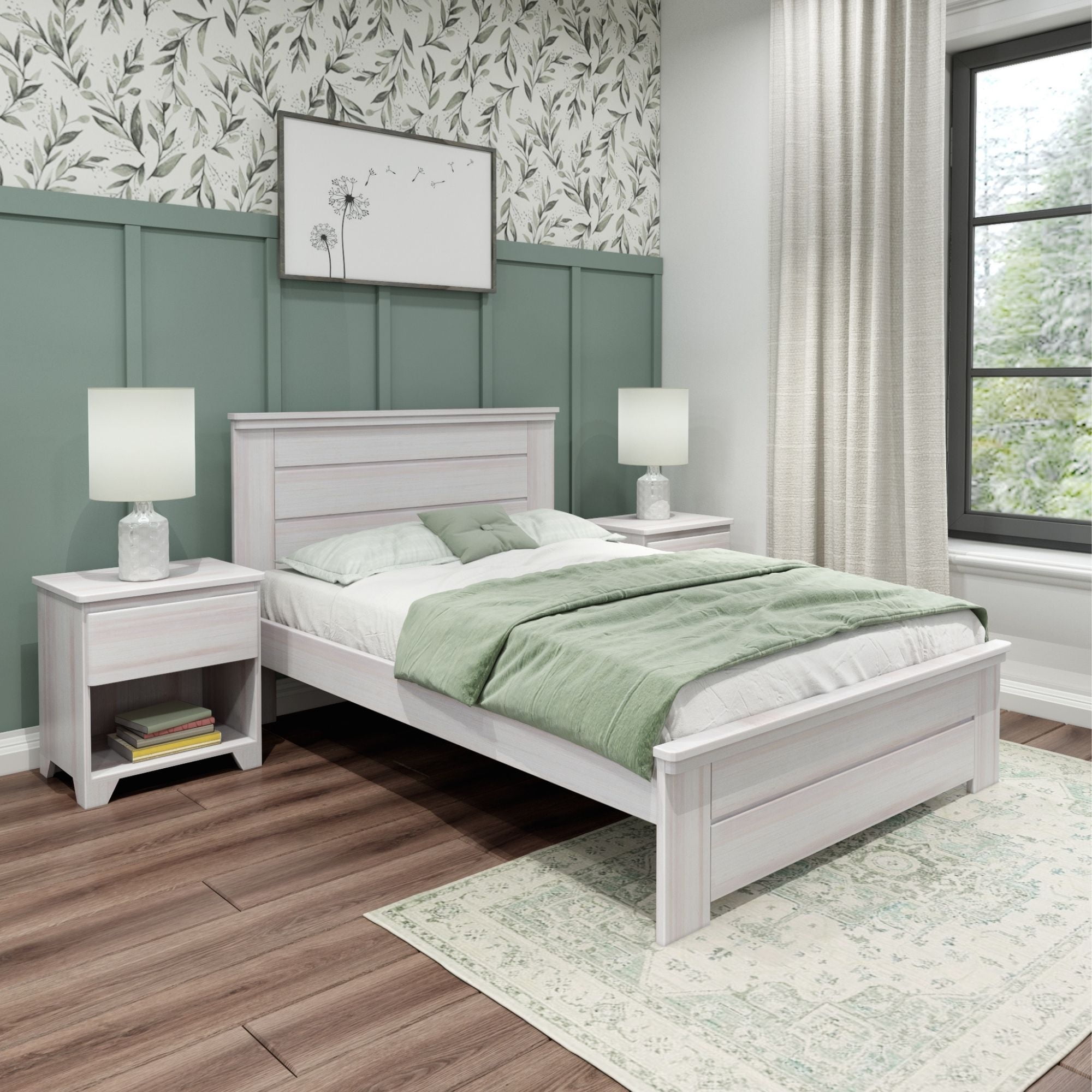 White Wash Pine Full Bed Frame with Panel Headboard and Storage
