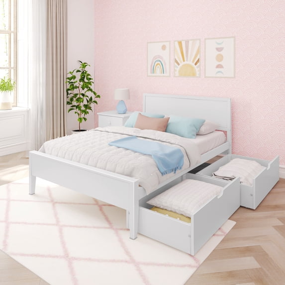 Max & Lily Full Size Bed Frame with Storage Drawers, Solid Wood Platform Bed for Kids, White