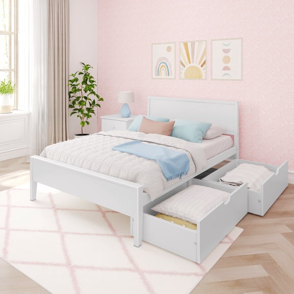 Max & Lily Full Size Bed Frame with Storage Drawers, Solid Wood Platform Bed for Kids, White