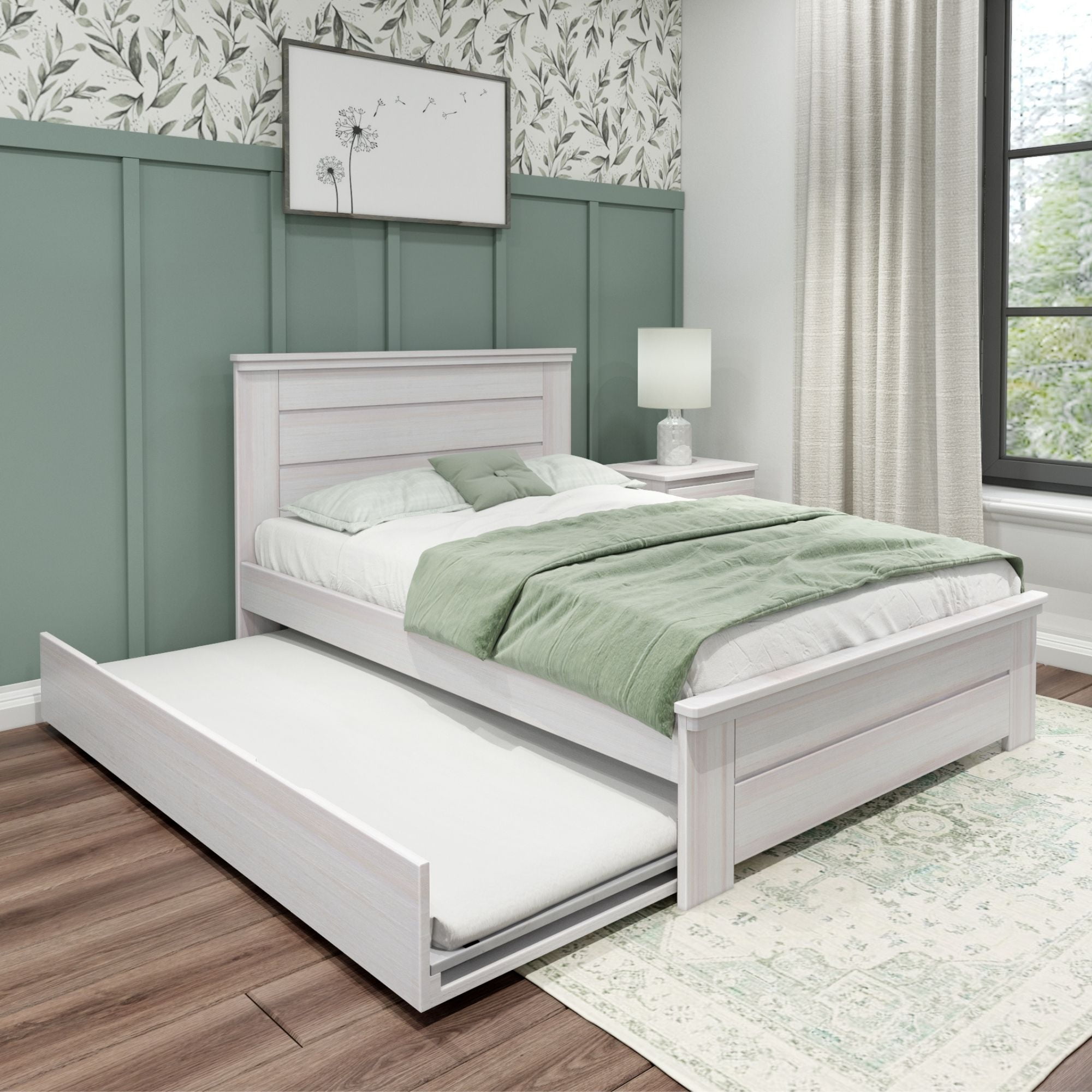 White Wash Pine Full Bed with Trundle and Headboard