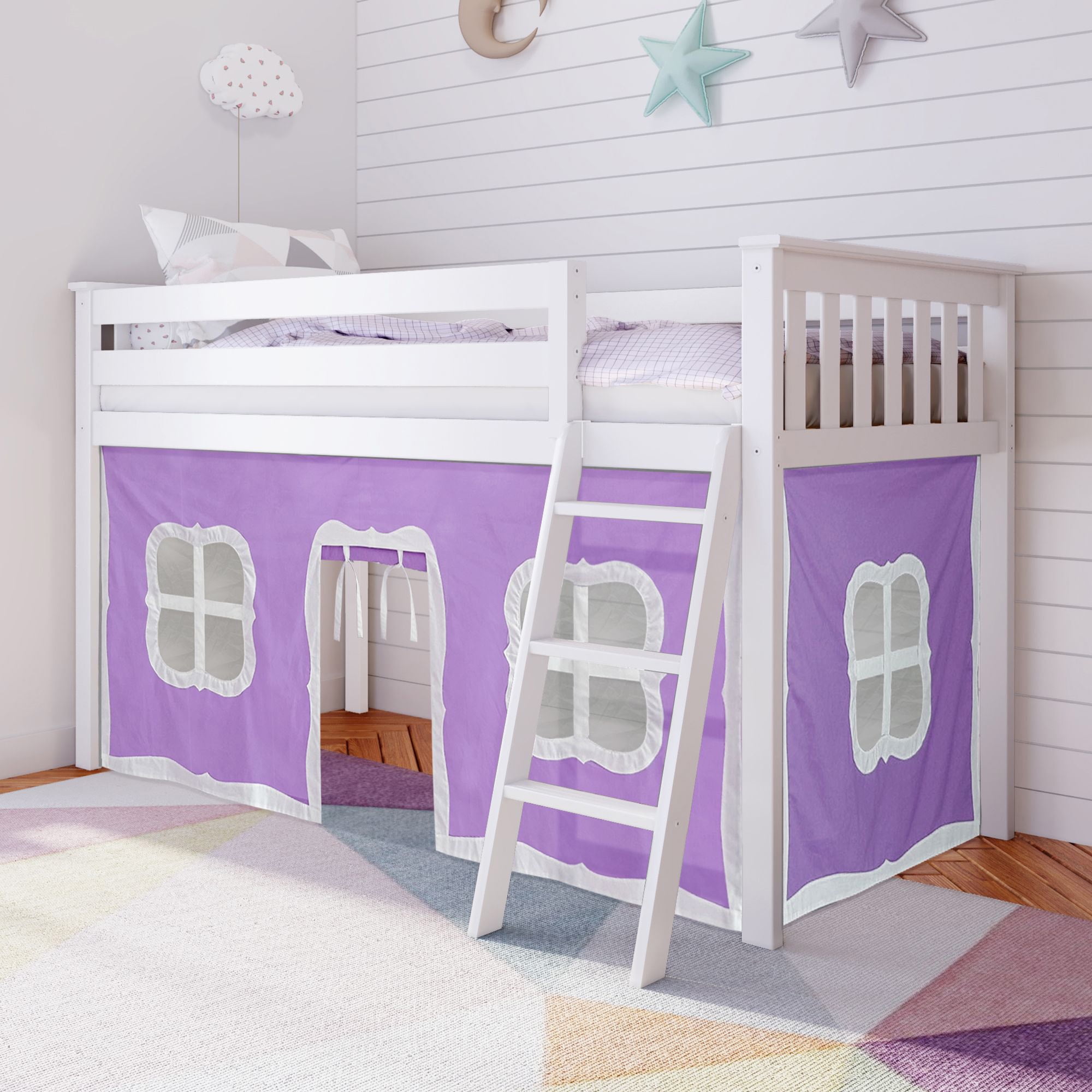 Max & Lily Loft Bed, Low Wood Twin Loft Bunk Beds for Kids with Ladder and Purple Curtain, White