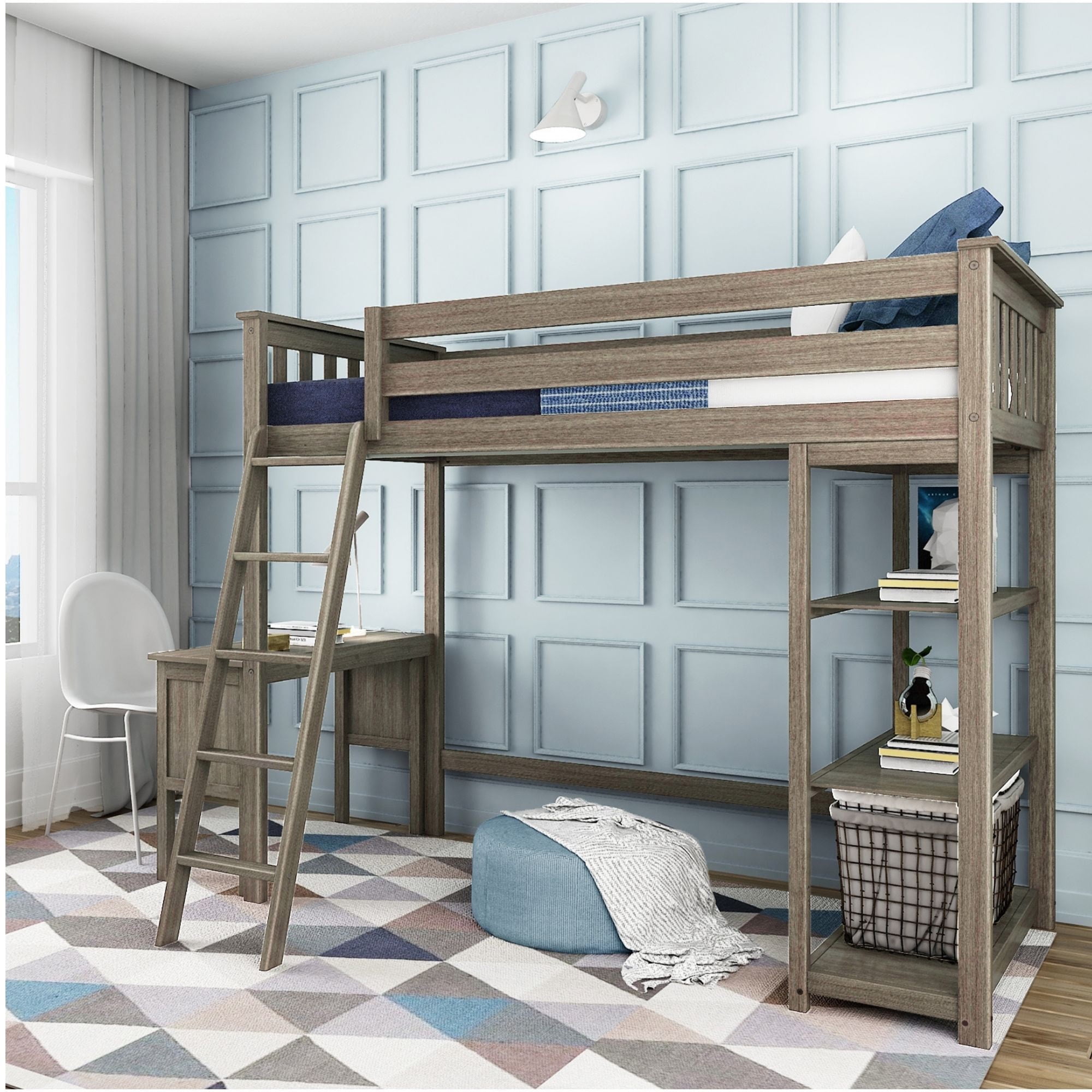 Max & Lily Loft Bed, Modern Solid Wood Twin High Loft Bed with Bookcase