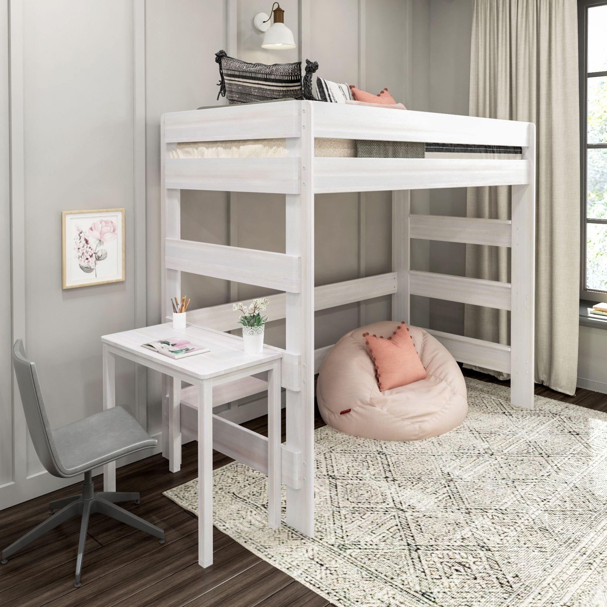 Max & Lily Loft Bed with Desk, Modern Farmhouse High Twin Loft Bed For