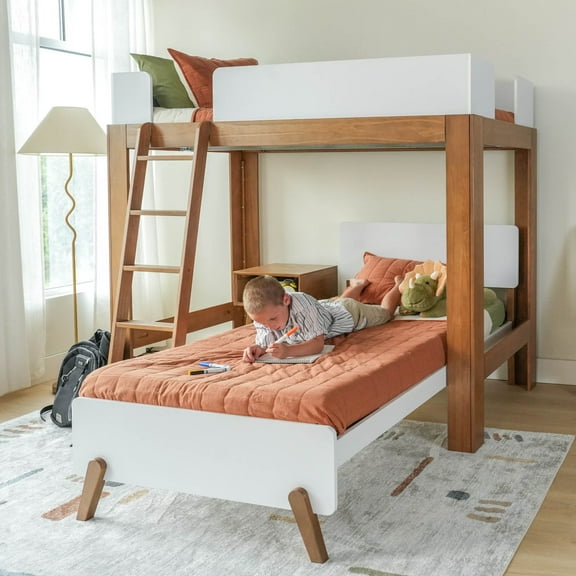 Max & Lily Mid-Century Modern Twin over Twin L-Shaped Bunk Bed, Solid Wood, White/Pecan