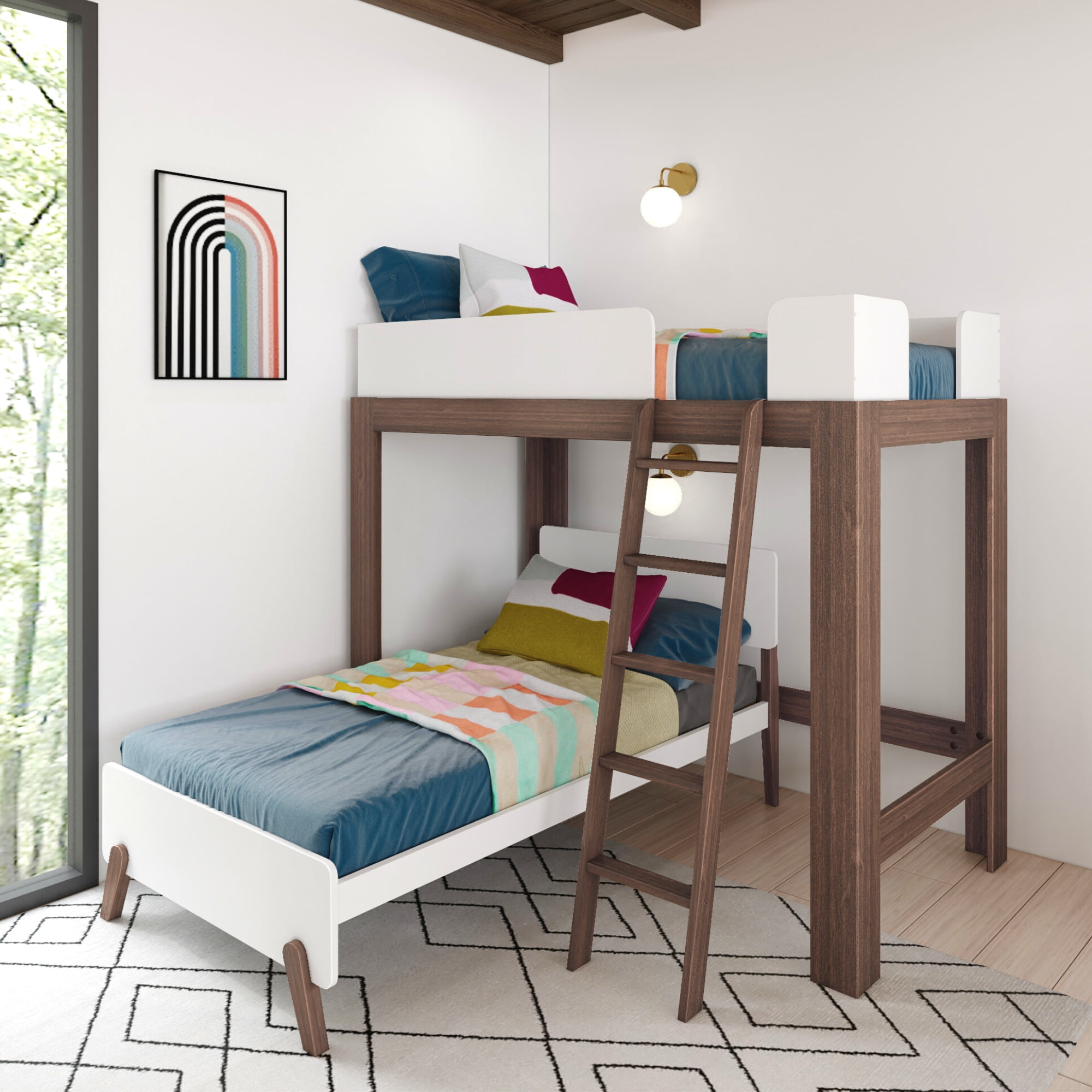 Max & Lily Mid-Century Modern Twin over Twin L-Shaped Bunk Bed, Solid ...