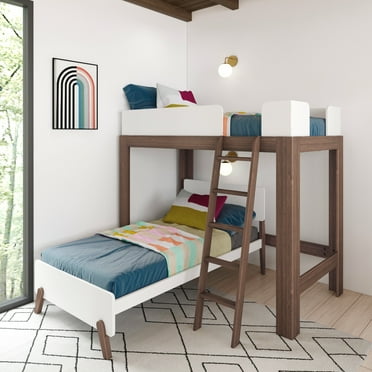 Max & Lily Mid-Century Modern Twin over Twin L-Shaped Bunk Bed, Solid Wood