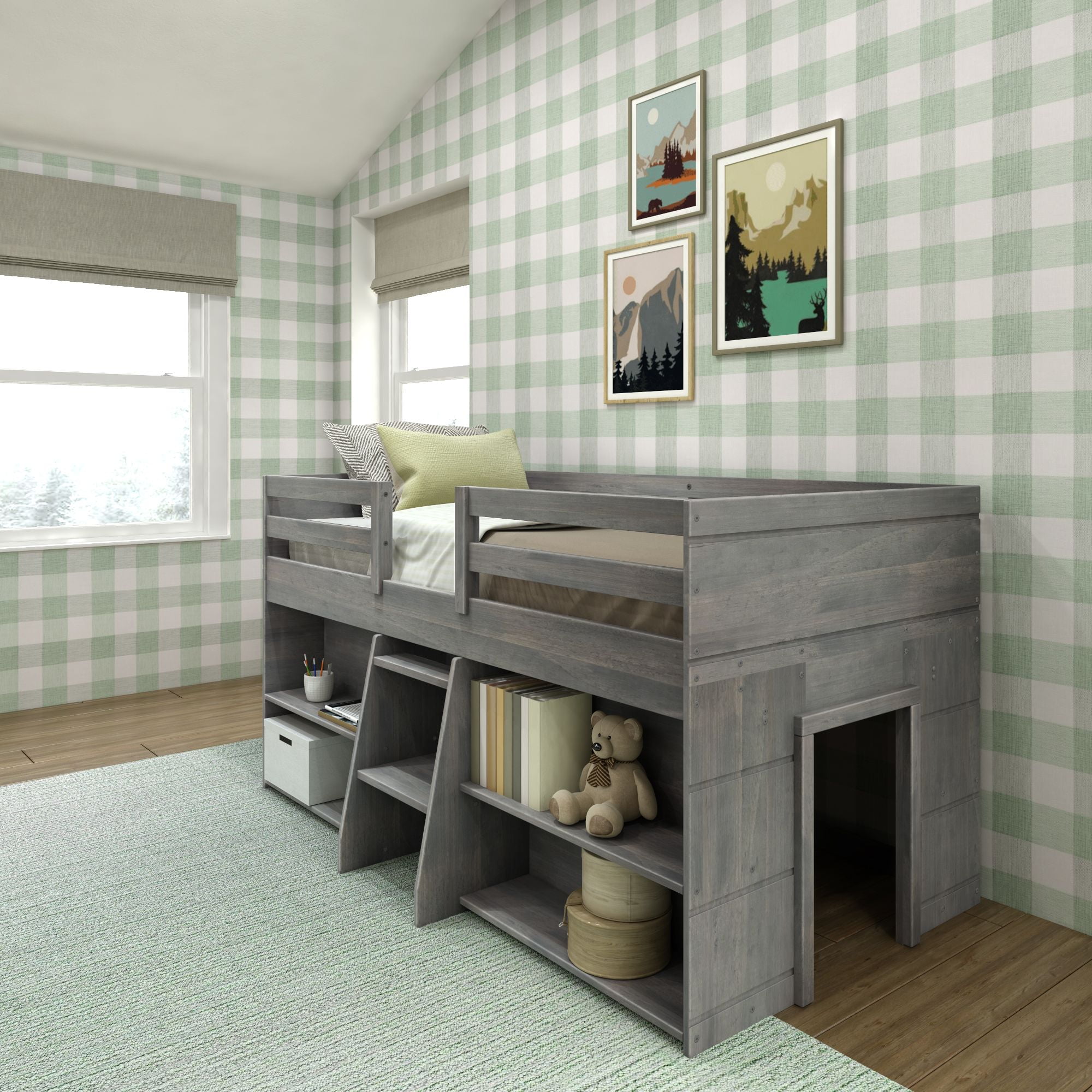 Max Lily Modern Farmhouse Low Loft Bed Twin Bed Frame for Kids with 2 Bookcases