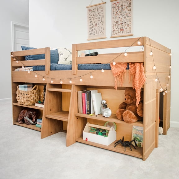 Max & Lily Solid Wood Modern Farmhouse Low Loft Bed, Twin Bed Frame for Kids with 2 Bookcases