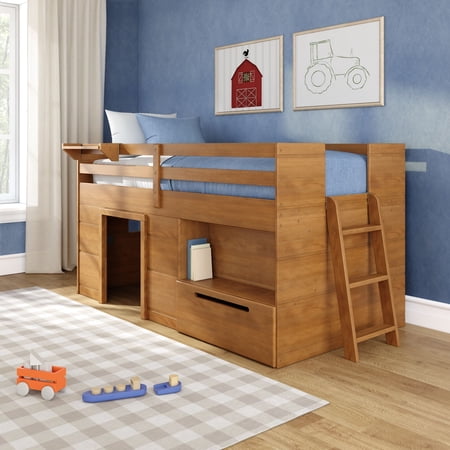 Max & Lily Modern Farmhouse Low Loft Bed with Storage Drawer, Solid Wood Bed for Kids