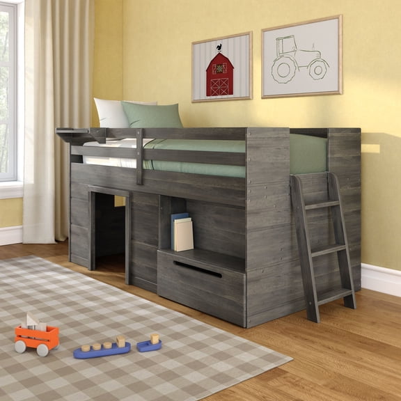 Max & Lily Modern Farmhouse Low Loft Bed with Storage Drawer, Solid Wood Bed for Kids