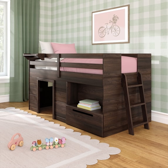 Max & Lily Modern Farmhouse Low Loft Bed with Storage Drawer, Solid Wood Bed for Kids