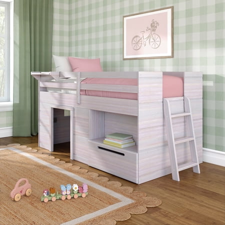 Max & Lily Modern Farmhouse Low Loft Bed with Storage Drawer, Solid Wood Bed for Kids