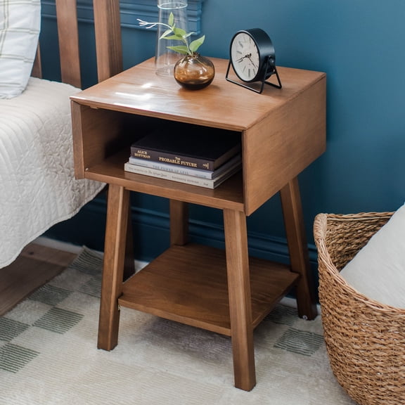 Max & Lily Nightstand with Cubby Shelf, Wooden Bedside Table, Side Table for Bedroom, Pecan