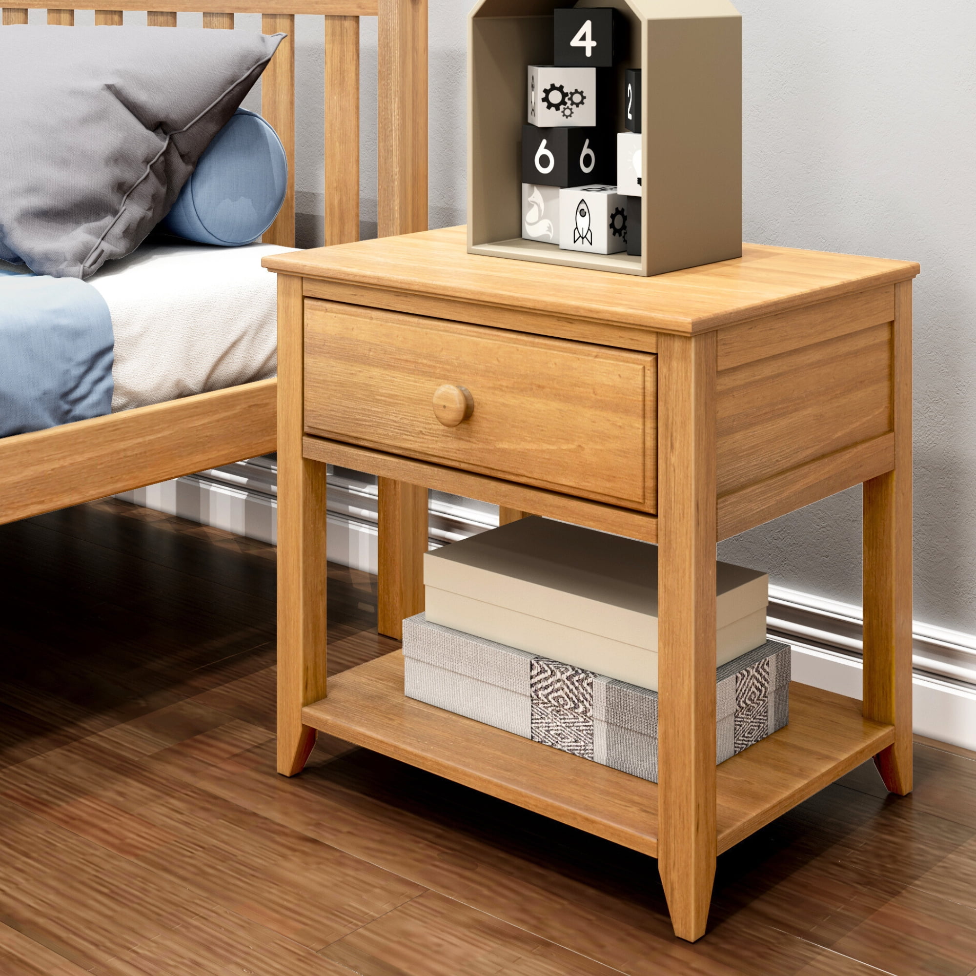 Max & Lily Nightstand with Storage Drawer, Small Solid Wood Bedside, Side Tables for Bedroom