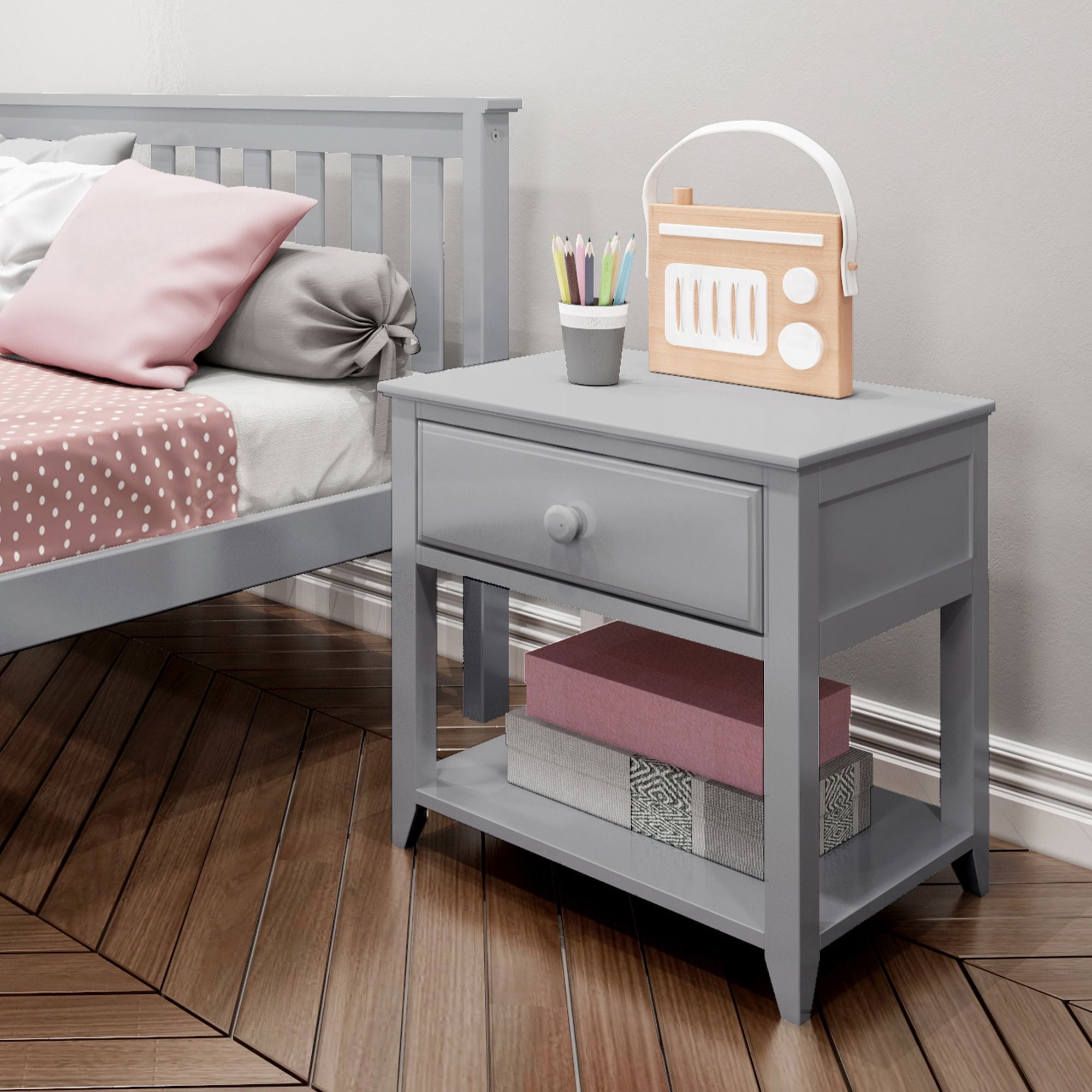 Gray Pine 1-Drawer Nightstand with Shelf
