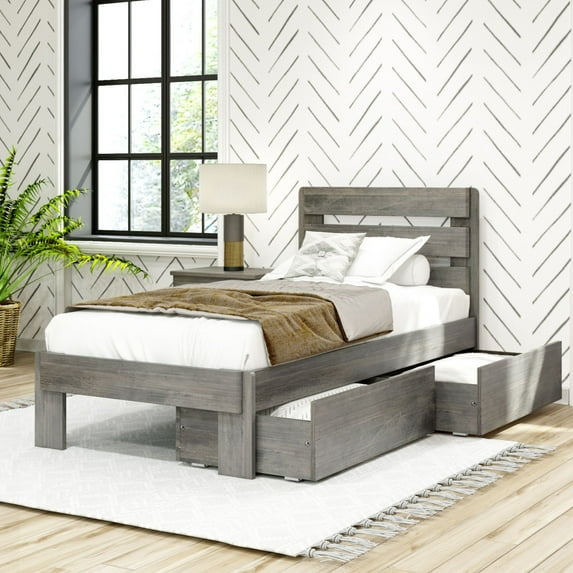 Max & Lily Solid Wood Farmhouse Twin Bed with Plank Headboard and Storage Drawers, Driftwood