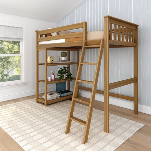 Max & Lily Solid Wood High Loft Bed,Twin Bed Frame For Kids With Bookcase and Ladder, Pecan