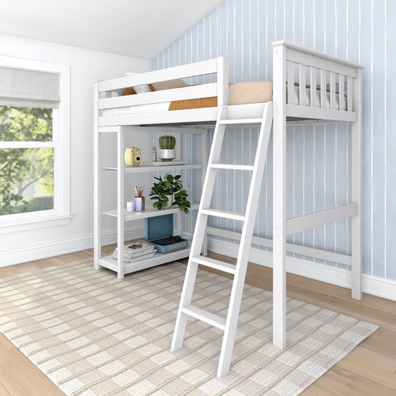 Max & Lily Solid Wood High Loft Bed,Twin Bed Frame For Kids With Bookcase and Ladder, White