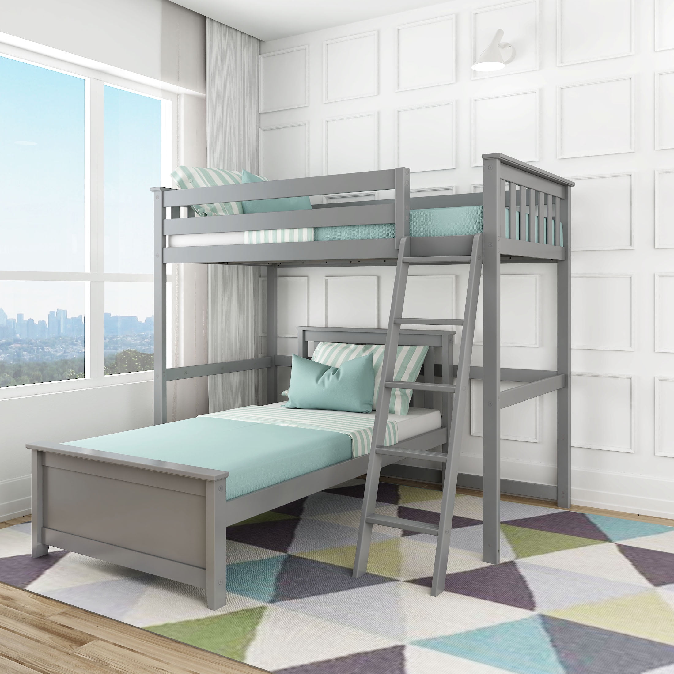Max & Lily Solid Wood L-Shaped Bunk Bed Twin over Twin for Kids, Grey ...