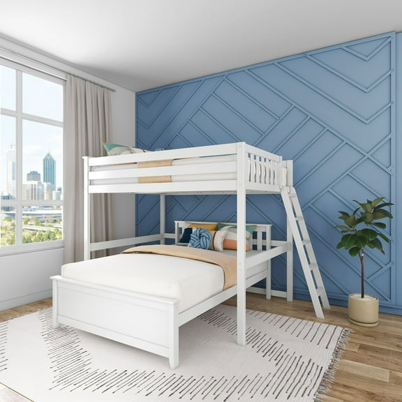 Max & Lily Solid Wood L-Shaped Full over Full Bunk Bed with Ladder on End, White