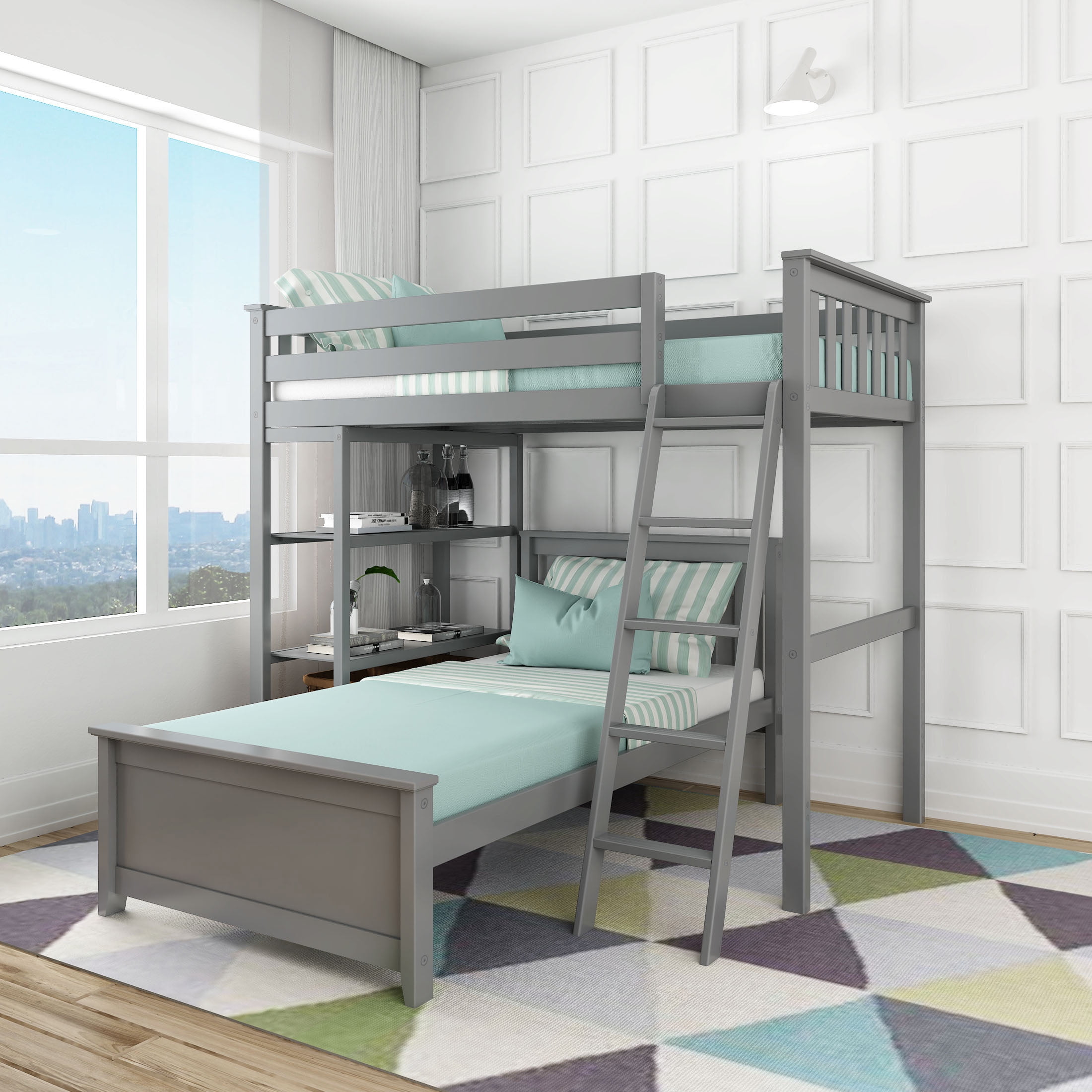 Max & Lily Solid Wood LShaped Twin over Twin Bunk Bed with Bookcase