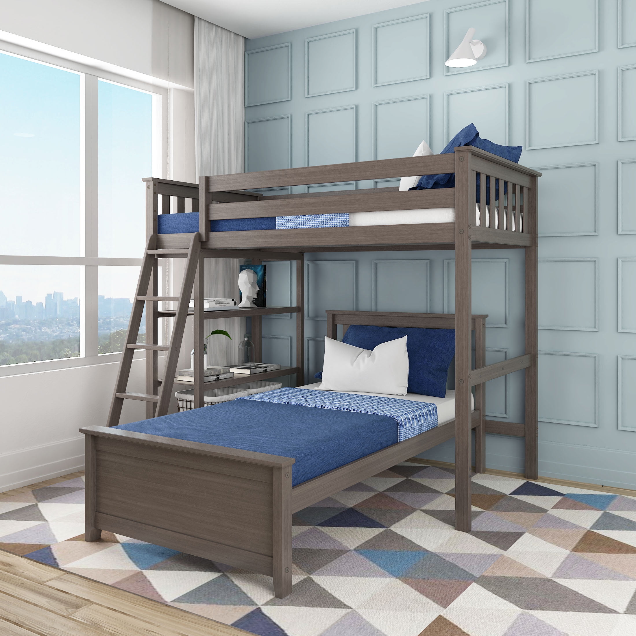 Max & Lily Solid Wood LShaped Twin over Twin Bunk Bed with Bookcase