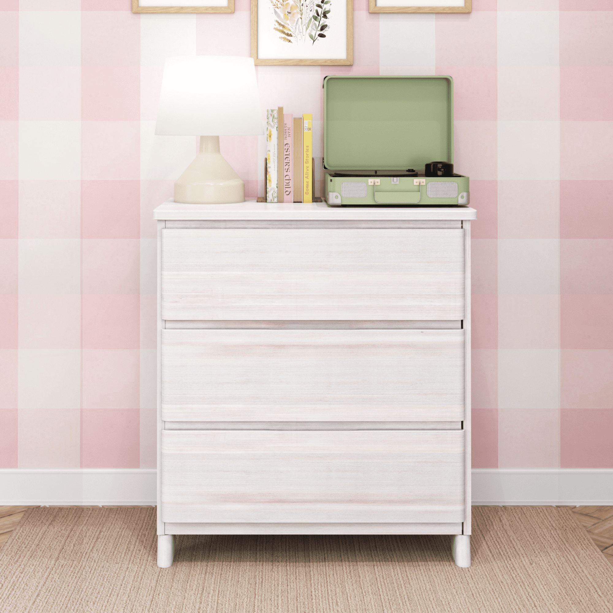 Whitewash Solid Pine Wood Farmhouse Nursery Dresser