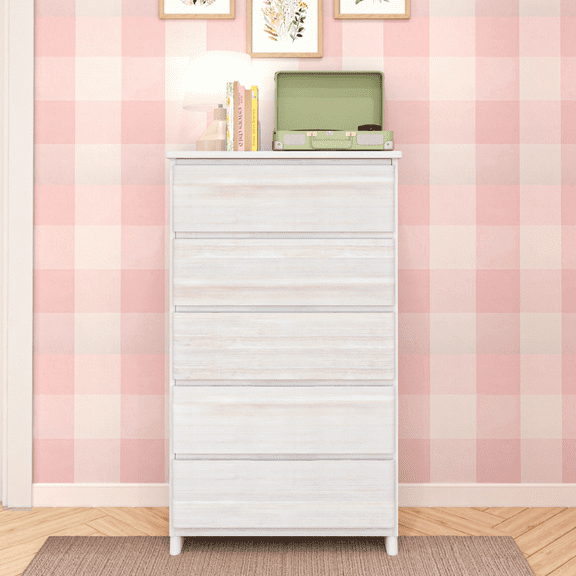 Max & Lily Solid Wood Modern Farmhouse 5 Drawer Dresser, Whitewash