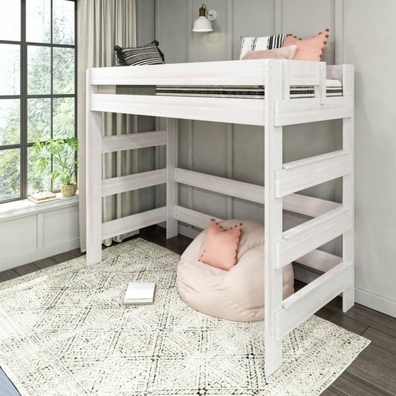 Max & Lily Solid Wood Modern Farmhouse High Loft Bed, Twin Bed Frame For Kids, White Wash