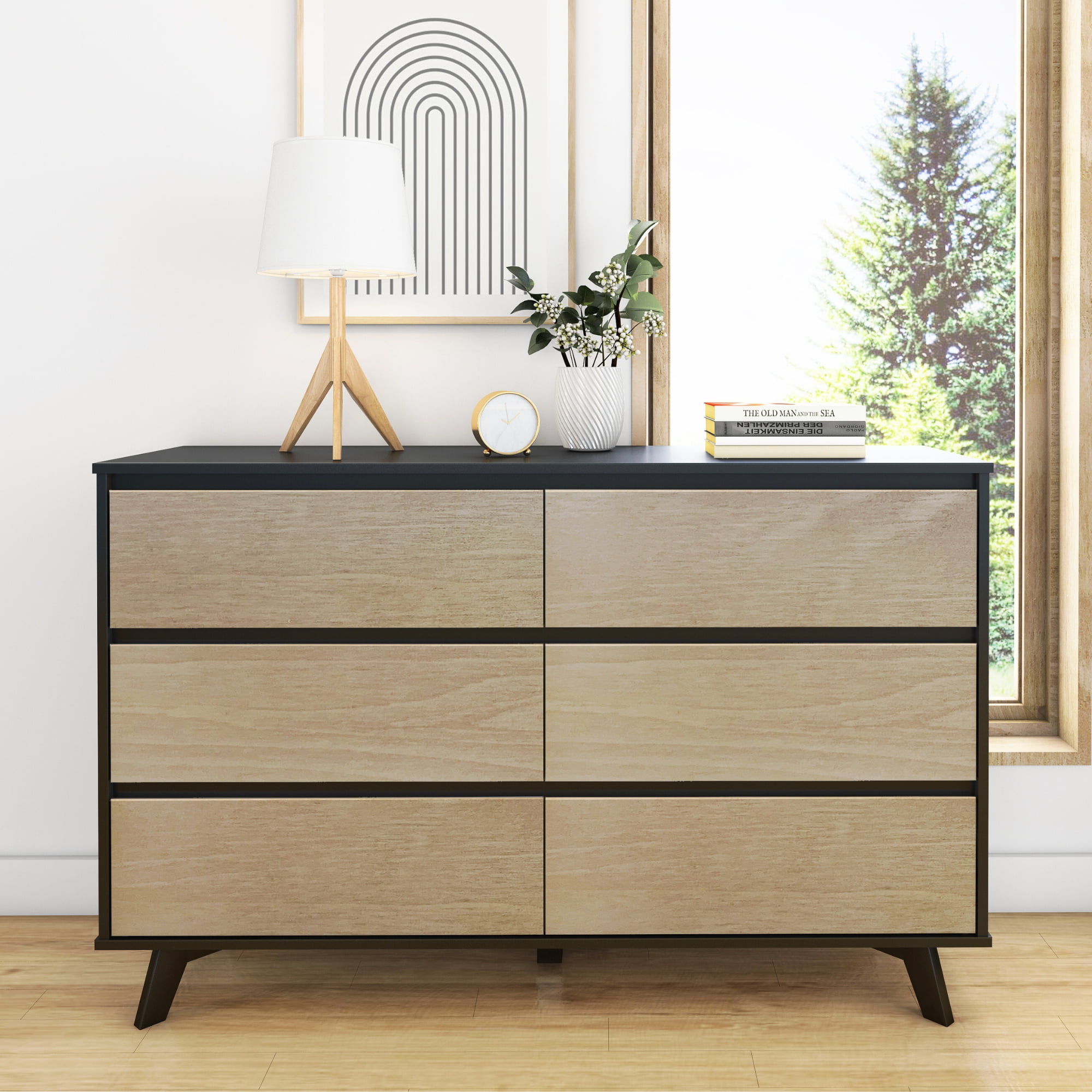 Scandinavian Black and Blonde Solid Wood 6 Drawer Dresser