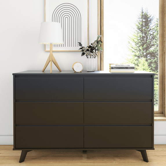Max & Lily Solid Wood Scandinavian 6 Drawer Dresser, Black