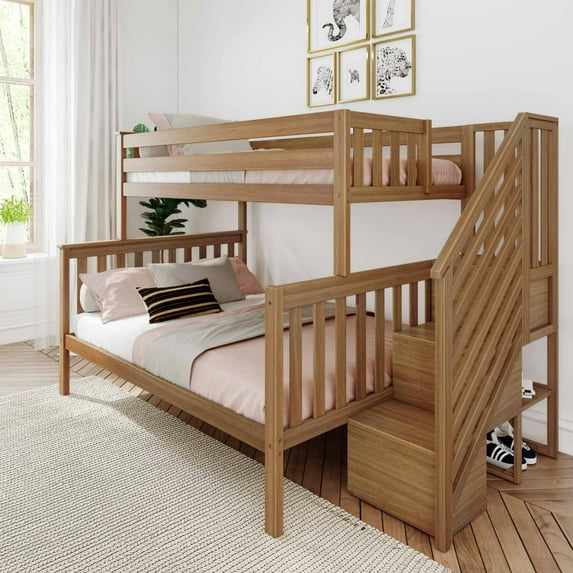 Max & Lily Solid Wood Twin over Full with Staircase for Kids, Pecan
