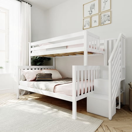 Max & Lily Solid Wood Twin over Full with Staircase for Kids, White