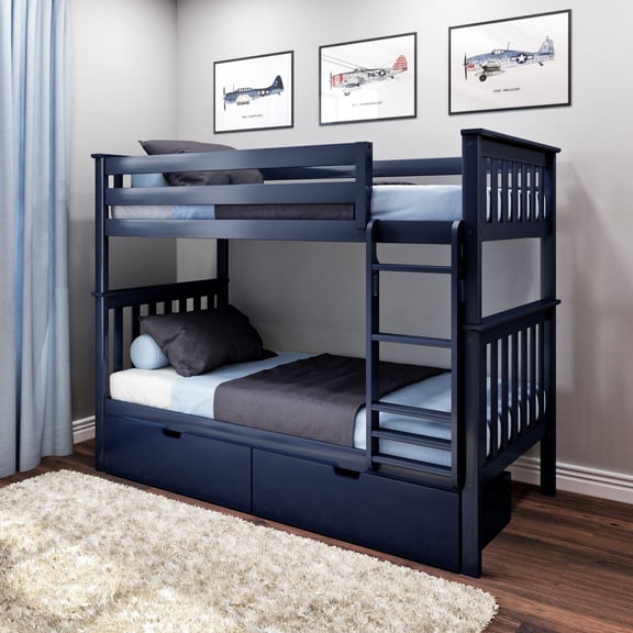 Max & Lily Solid Wood Twin over Twin Bunk Bed for Kids with Underbed Storage Drawers