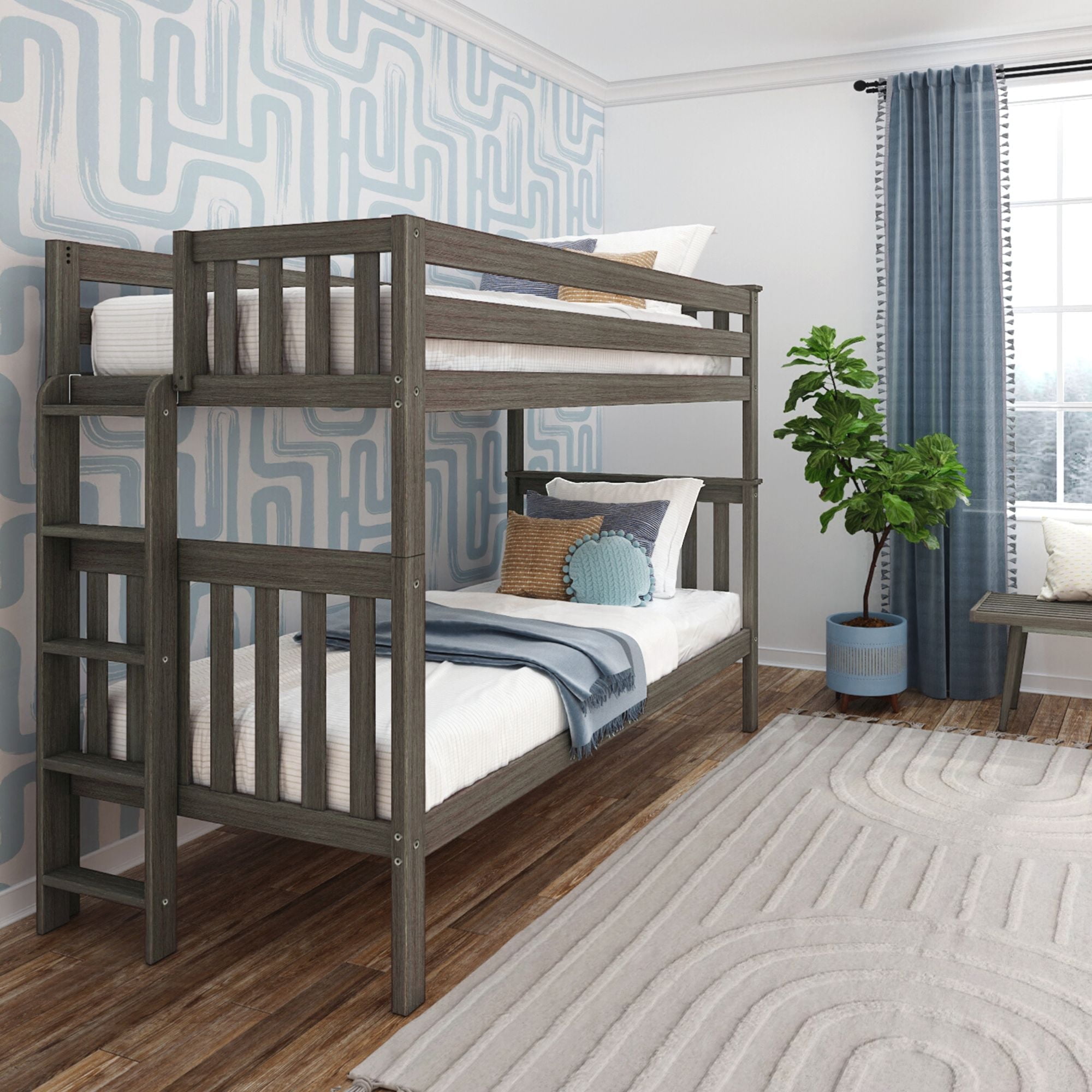 Max & Lily Solid Wood Twin over Twin Bunk Bed with Ladder on End For ...