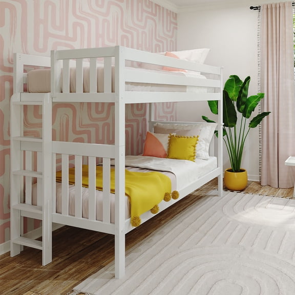 Max & Lily Solid Wood Twin over Twin Bunk Bed with Ladder on End For Kids, White
