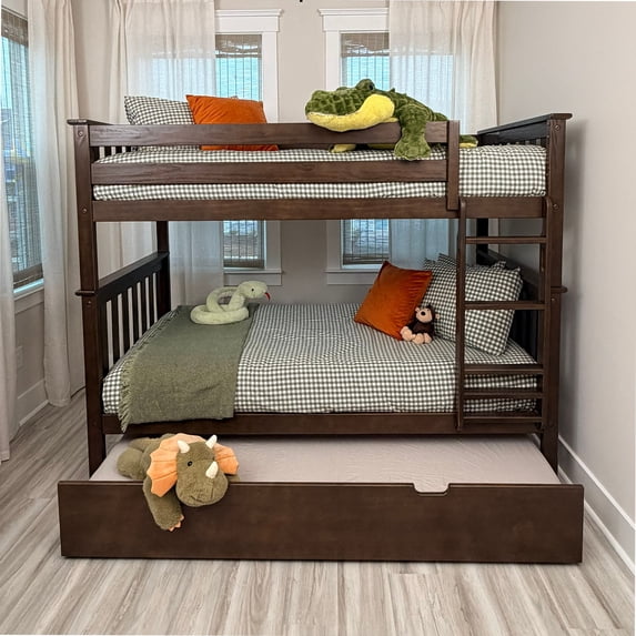 Max & Lily Solid Wood Twin over Twin Bunk Bed with Storage Trundle for Kids, Walnut