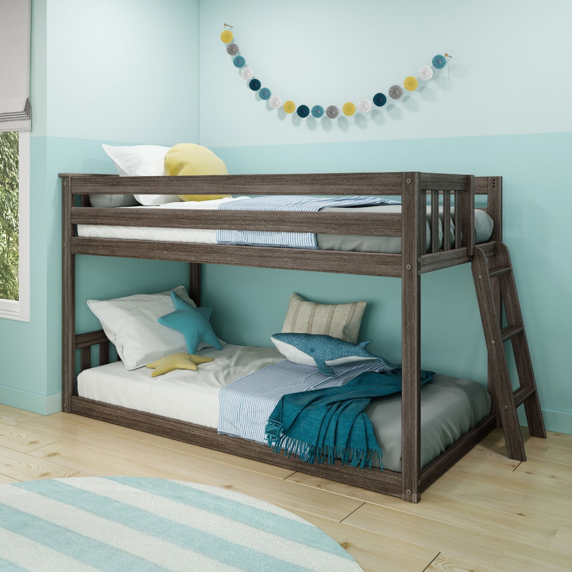 Max & Lily Solid Wood Twin over Twin Low Bunk Bed with Ladder on End ...