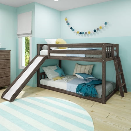 Max & Lily Solid Wood Twin over Twin Low Bunk Bed with Ladder on End and Slide For Kids, Clay