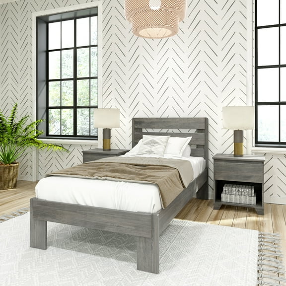 Max & Lily Twin Bed Frame, Farmhouse Solid Wood Platform Bed with Slatted Headboard, Driftwood
