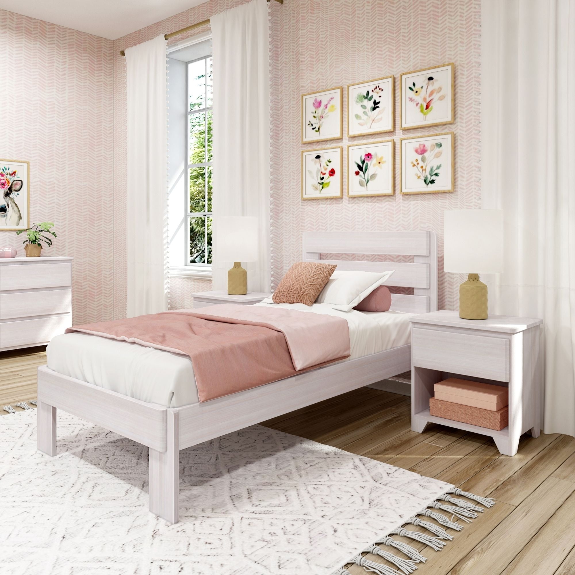 White Wash Twin Pine Platform Bed with Plank Headboard